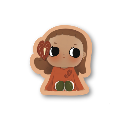 Sticker of a cartoon character with brown hair and an orange outfit on a white background