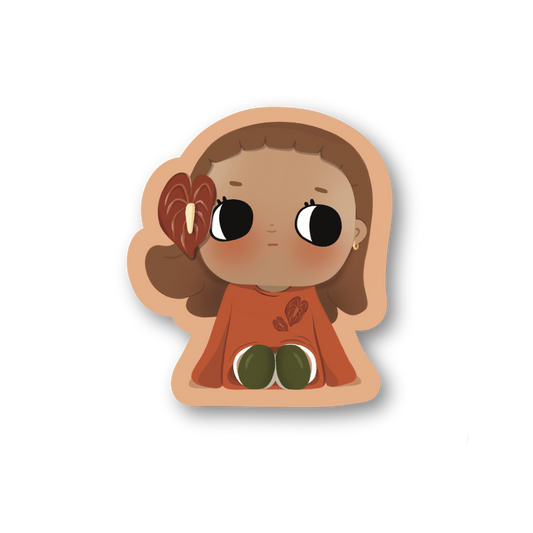 Sticker of a cartoon character with brown hair and an orange outfit on a white background