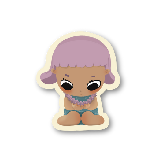 Sticker of a character with purple hair and crown flower