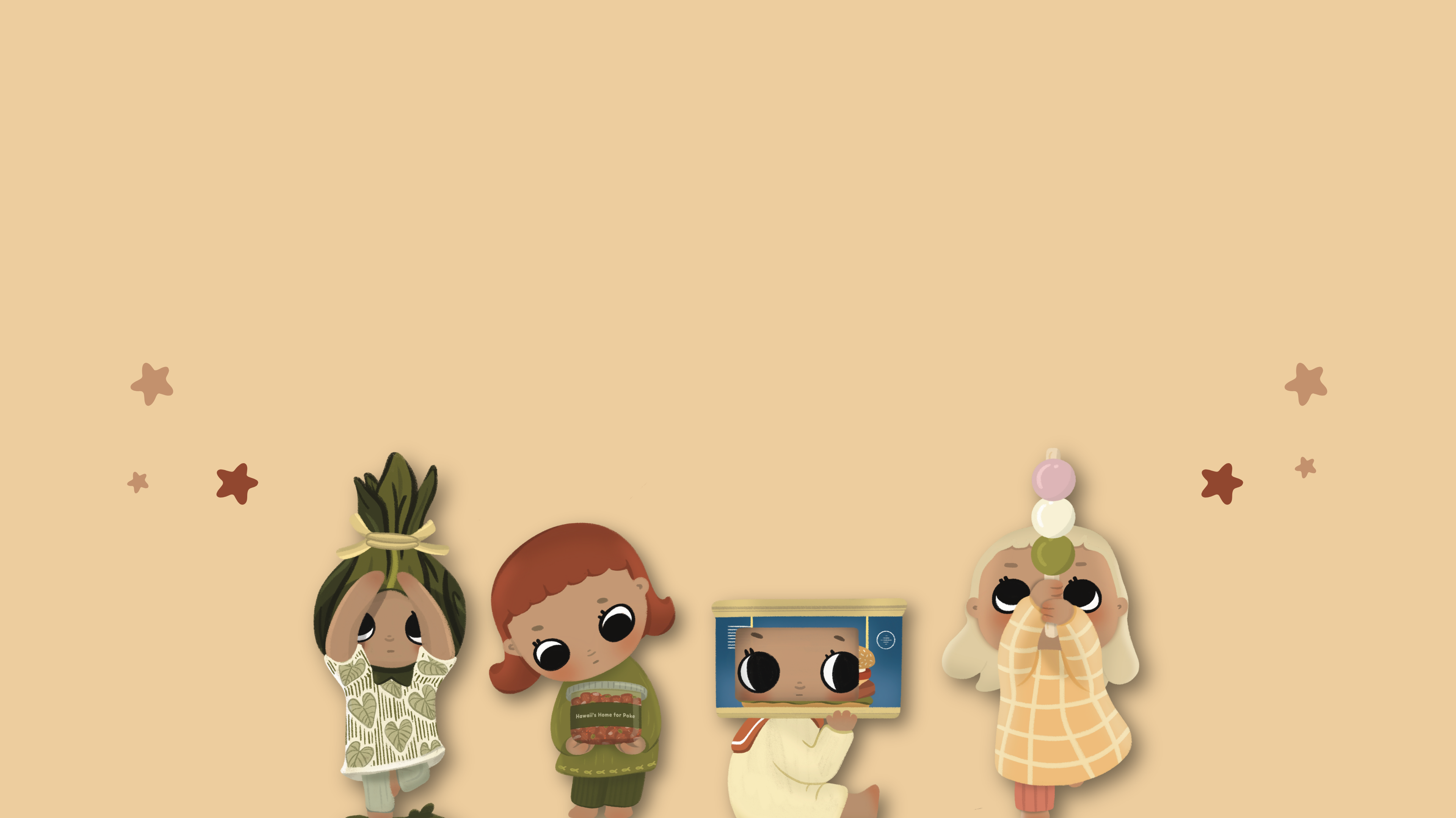 Four animated characters on a beige background with star decorations