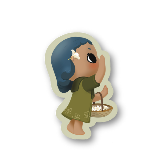 Illustration of a character with blue hair and a green dress holding a basket on a white background