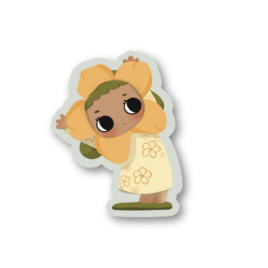 Sticker of a cartoon character with yellow hair and a yellow dress on a white background