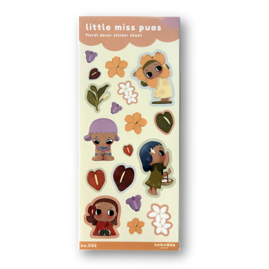 Sticker sheet with cartoon characters and flowers on a white background