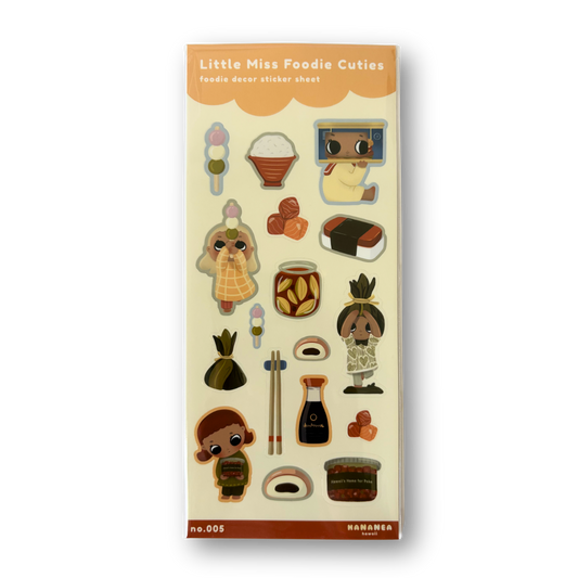 Packaged sticker sheet with illustrations of food-themed characters on a white background