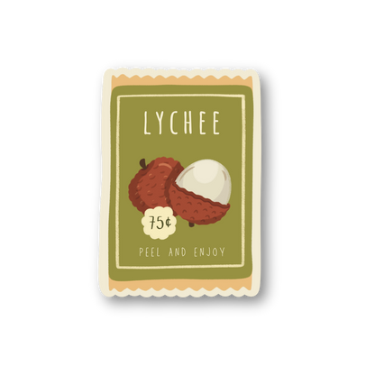 Sticker with lychee illustration and text on a white background