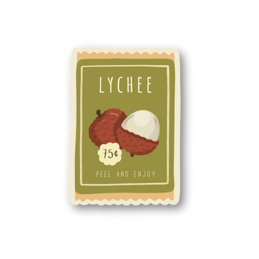 Sticker with lychee illustration and text on a white background