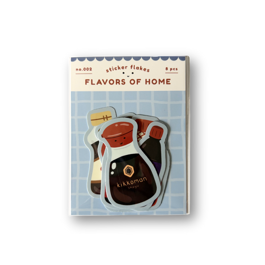 Pack of Kikkoman seasoning bottle stickers with 'Flavors of Home' text on a checkered background
