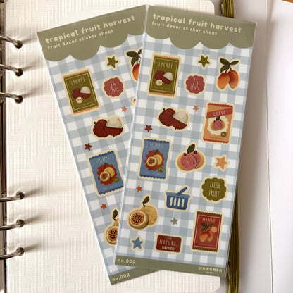 Two sticker sheets labeled 'tropical fruit harvest' on a white background.