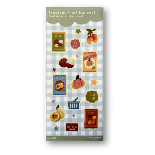 Packaged tropical fruit harvest sticker sheet with colorful graphics on a white background