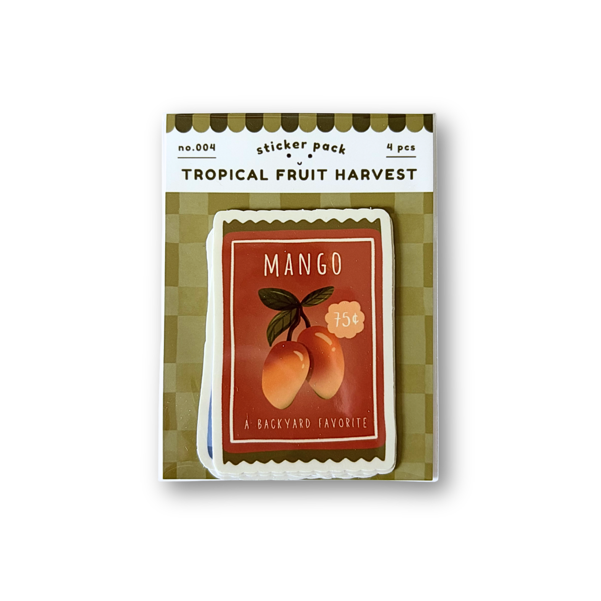Tropical fruit harvest sticker pack with mango design on a white background