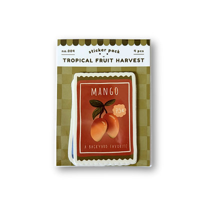 Tropical fruit harvest sticker pack with mango design on a white background