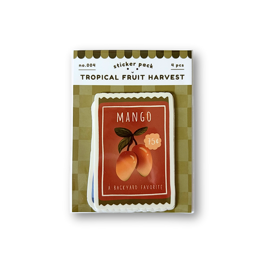 Tropical fruit harvest sticker pack with mango design on a white background